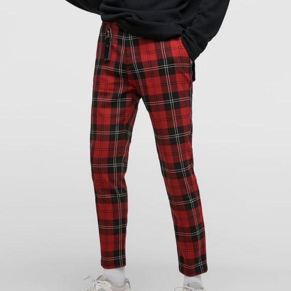 Zara Man Ankle Pants Trousers Red Plaid 